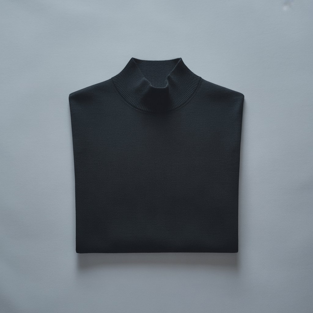 A folded black mock turtleneck on a soft grey background