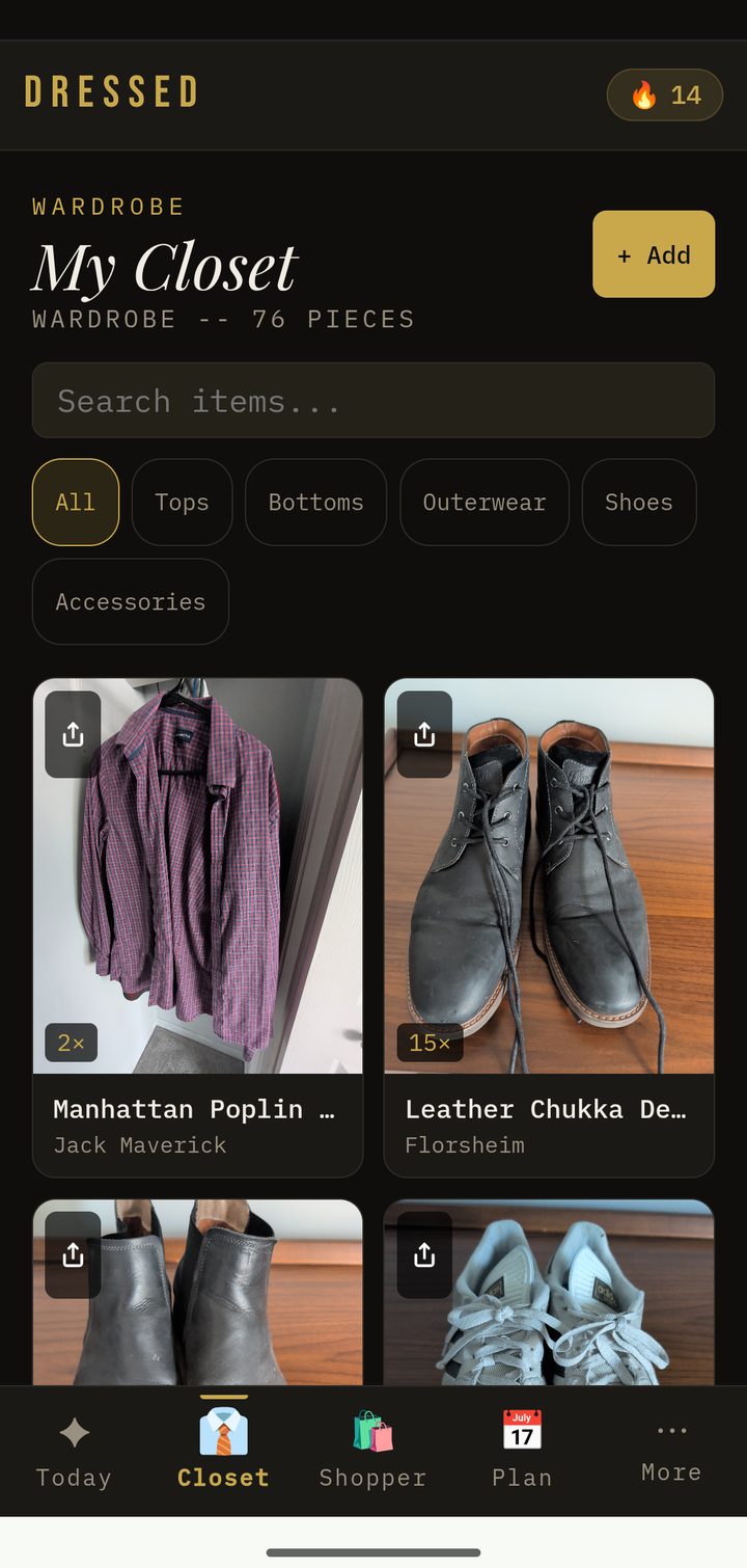 DRESSED app closet view showing wardrobe items organized with category filters, brand and wear-count details