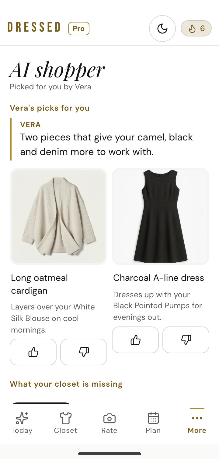 DRESSED app showing AI Shopper recommending specific products with real prices