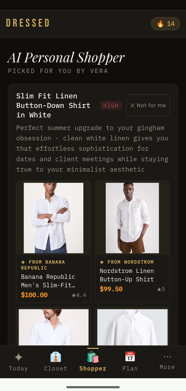 DRESSED app showing AI Shopper recommending specific products with real prices
