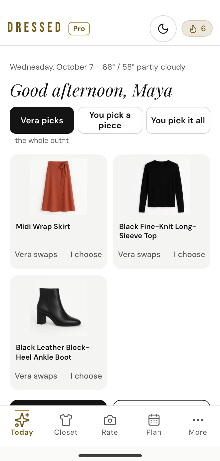DRESSED Today view showing a suggested outfit of a midi wrap skirt, black fine-knit top and ankle boots