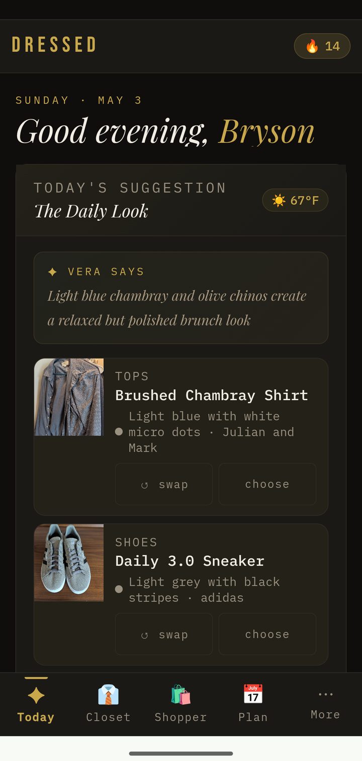 DRESSED app showing today\'s suggested outfit with weather and calendar context