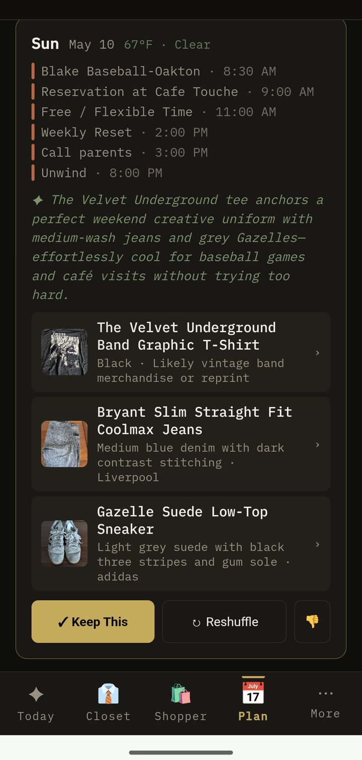 DRESSED app showing a planned week of outfits Monday through Friday