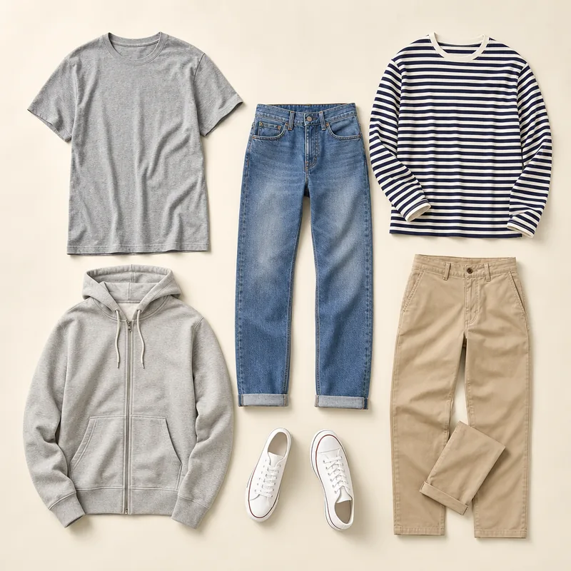 Grey t-shirt, mid-wash jeans, navy and white striped top, grey zip hoodie, khaki chinos and white sneakers