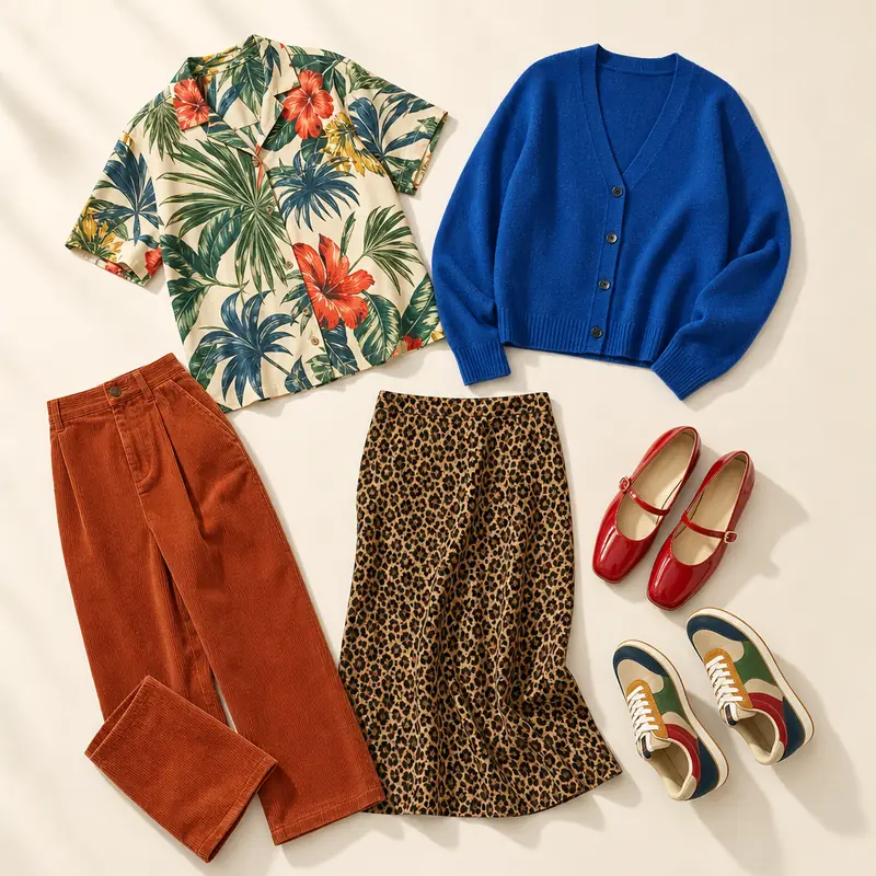 Tropical-print camp-collar shirt, cobalt cardigan, rust corduroy trousers, leopard-print midi skirt, red Mary Jane flats and colour-block retro sneakers