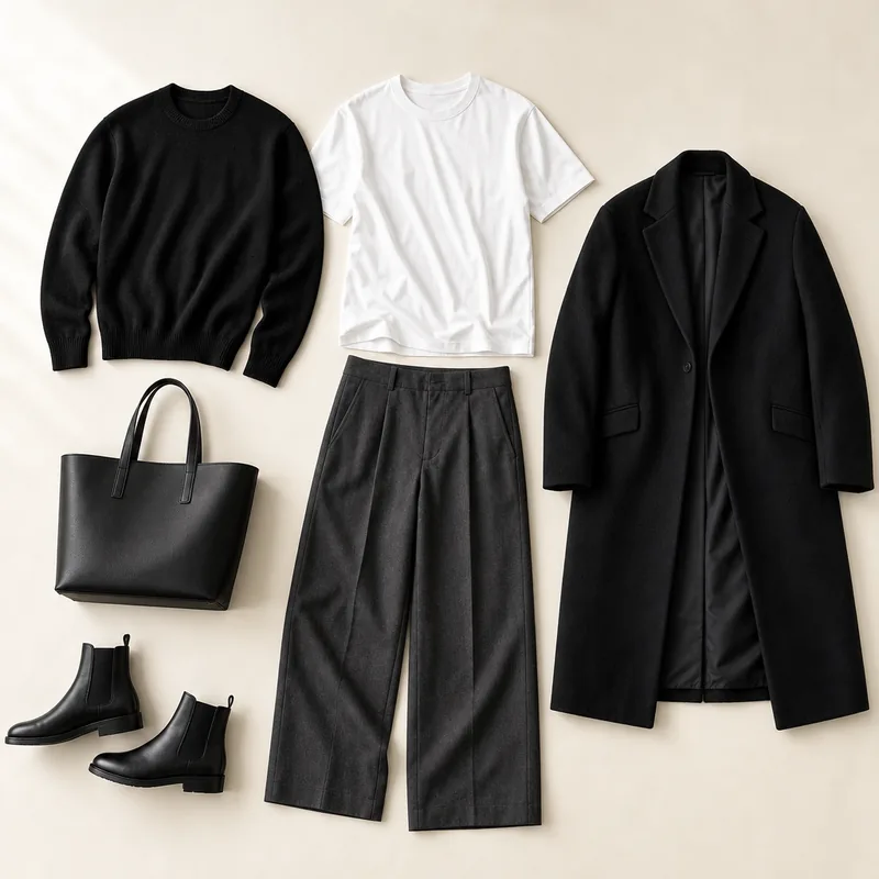 Black crewneck sweater, white t-shirt, charcoal wide-leg trousers, long black wool coat, black leather tote bag and black Chelsea boots