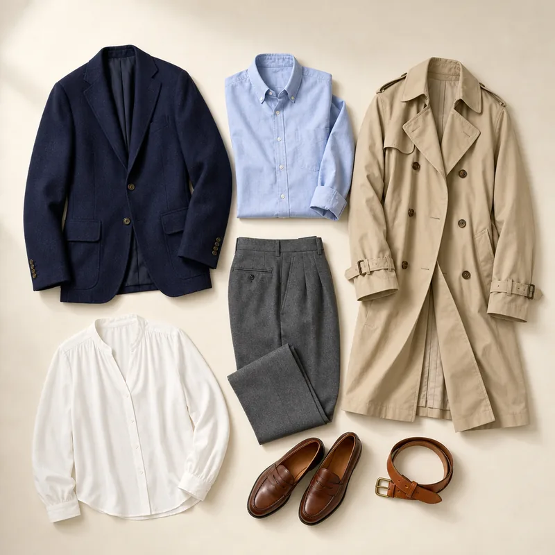 Navy blazer, light blue button-down shirt, beige trench coat, white blouse, grey trousers, brown penny loafers and a tan leather belt