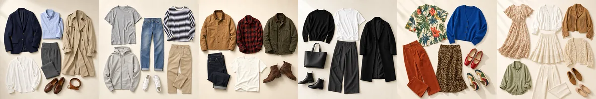 Six outfits side by side, one per style: a navy blazer and trench, a tee and jeans, a chore jacket and flannel, a black knit and long coat, a printed shirt and cobalt cardigan, a floral dress and suede fringe jacket