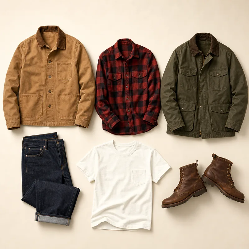 Tan canvas chore jacket, red and black flannel shirt, olive field jacket, dark raw denim jeans, white t-shirt and brown leather work boots