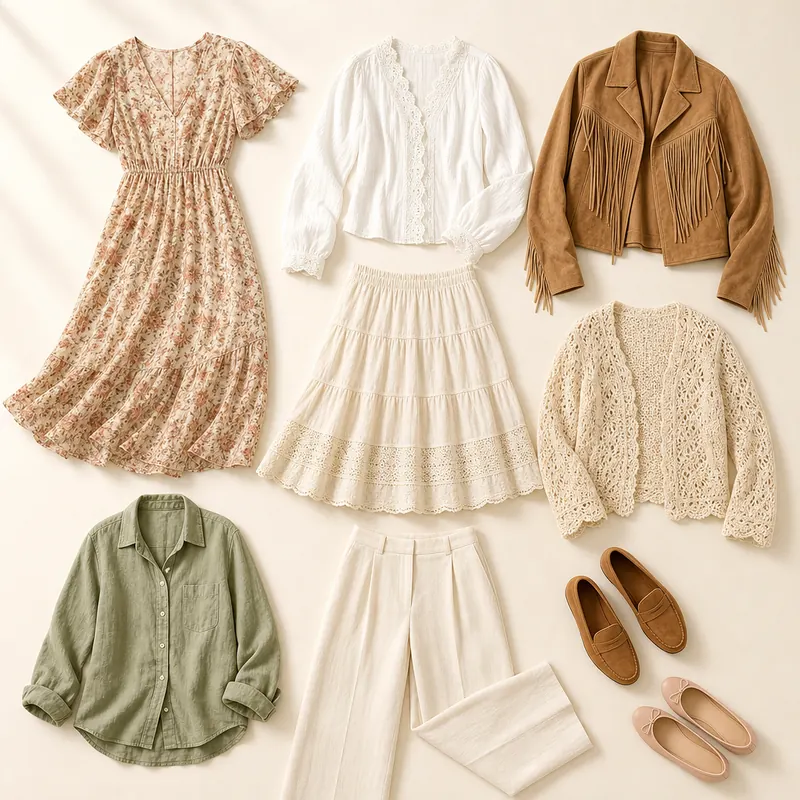 Floral midi dress, white lace-trimmed blouse, cream tiered skirt, tan suede fringe jacket, cream crochet cardigan, sage linen shirt, cream wide trousers, tan suede loafers and blush ballet flats