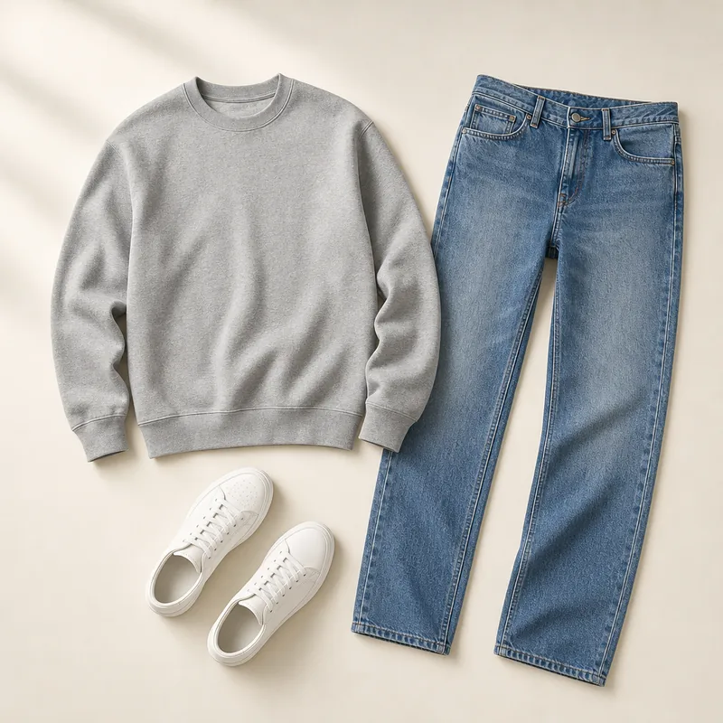 Grey crewneck sweatshirt, mid-wash straight jeans and white leather sneakers