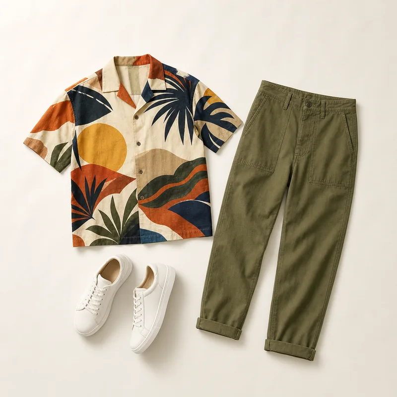 Bold abstract leaf-print camp-collar shirt, olive fatigue trousers and white sneakers