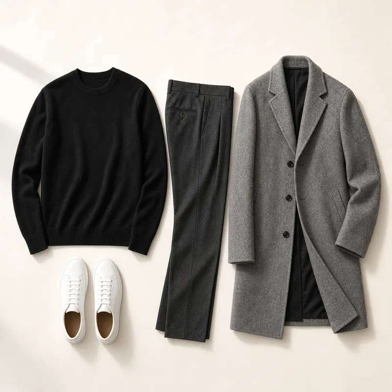 Black crewneck sweater, charcoal pleated trousers, grey wool topcoat and white leather sneakers