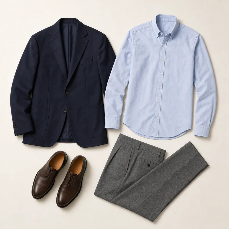 Navy blazer, light blue button-down shirt, mid-grey wool trousers and dark brown leather derby shoes