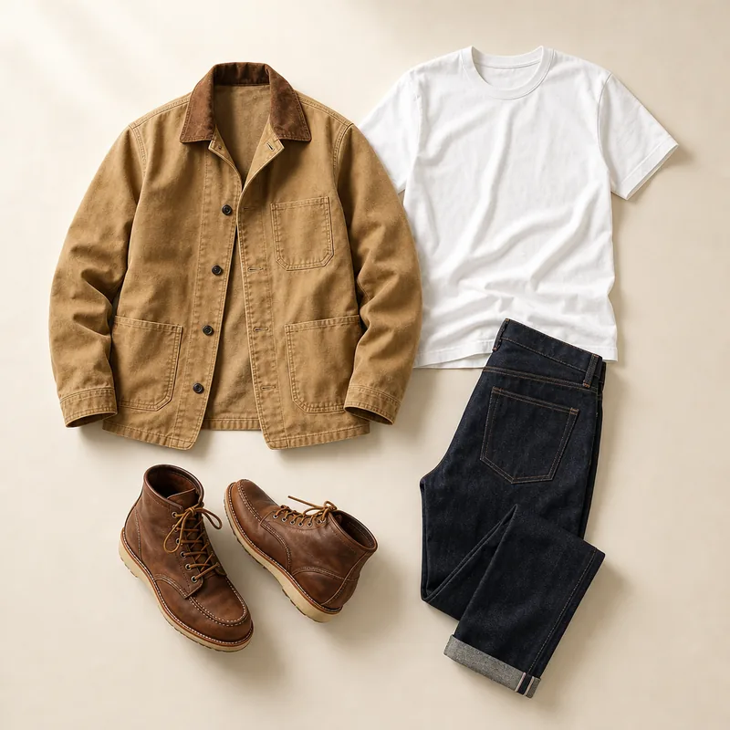 Tan canvas chore coat with a brown collar, white t-shirt, dark raw denim jeans and brown leather moc-toe work boots