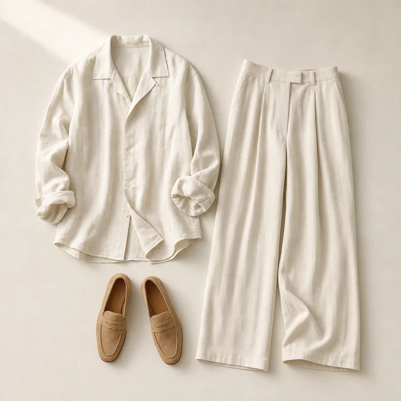 Cream open-collar linen shirt, wide cream linen trousers and tan suede loafers