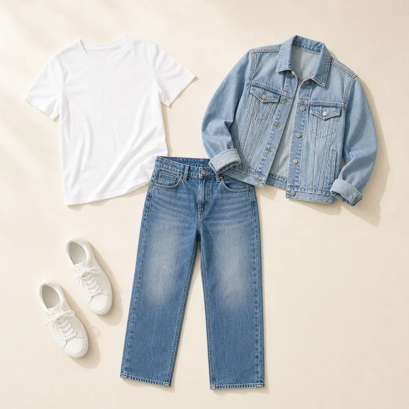 White t-shirt, light denim jacket, mid-wash straight jeans and white sneakers