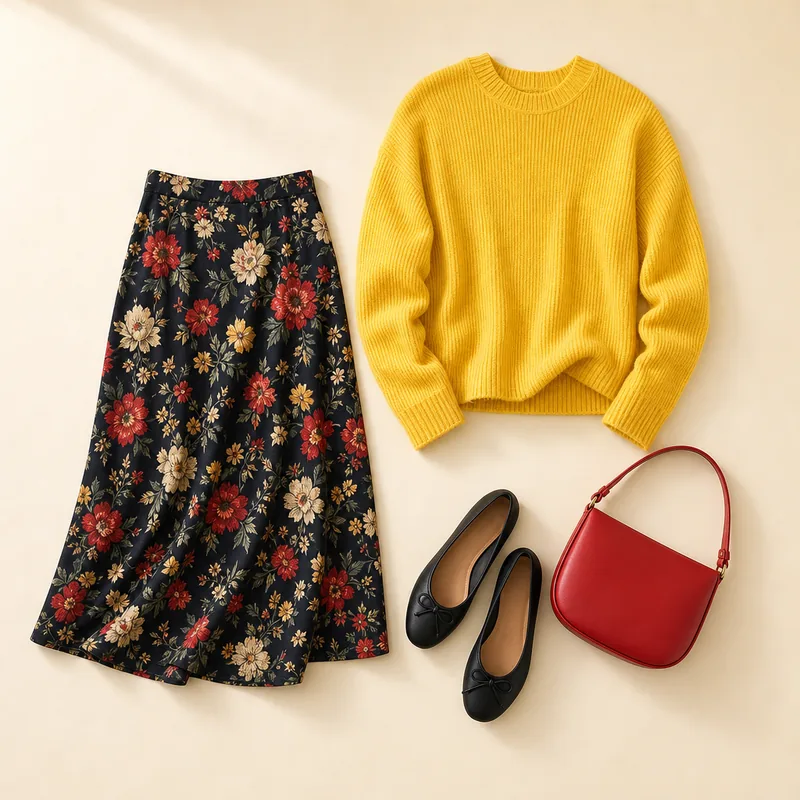 Dark floral-print midi skirt, bright yellow knit sweater, black ballet flats and a red handbag