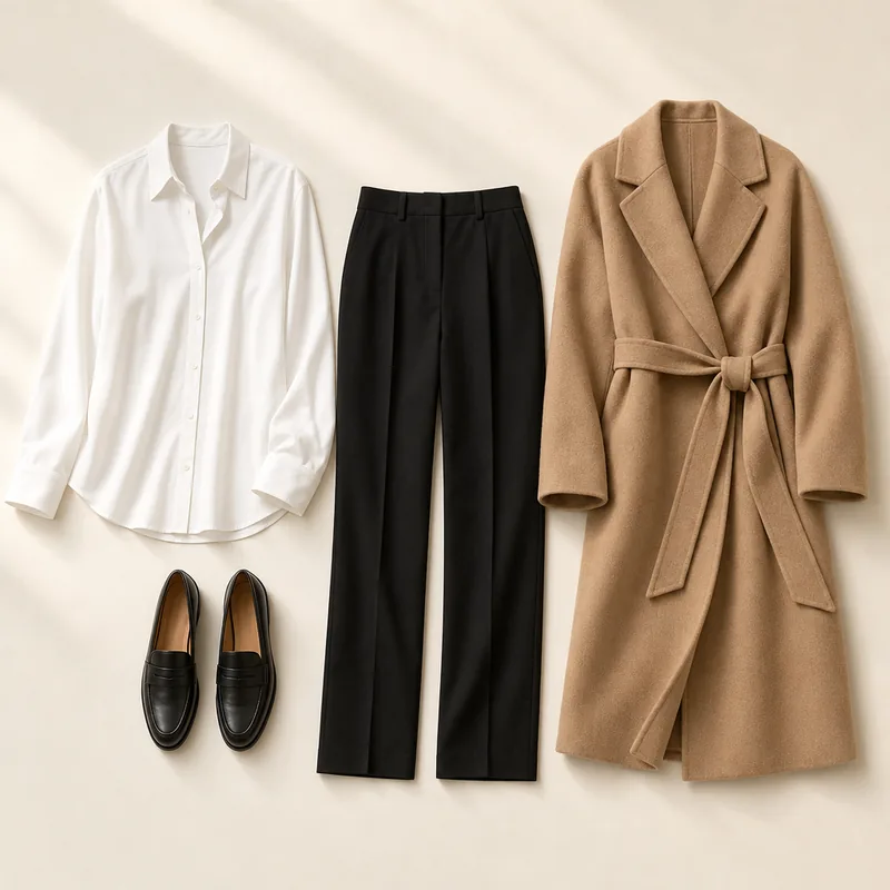 White button-up blouse, black wide trousers, camel belted wrap coat and black leather loafers