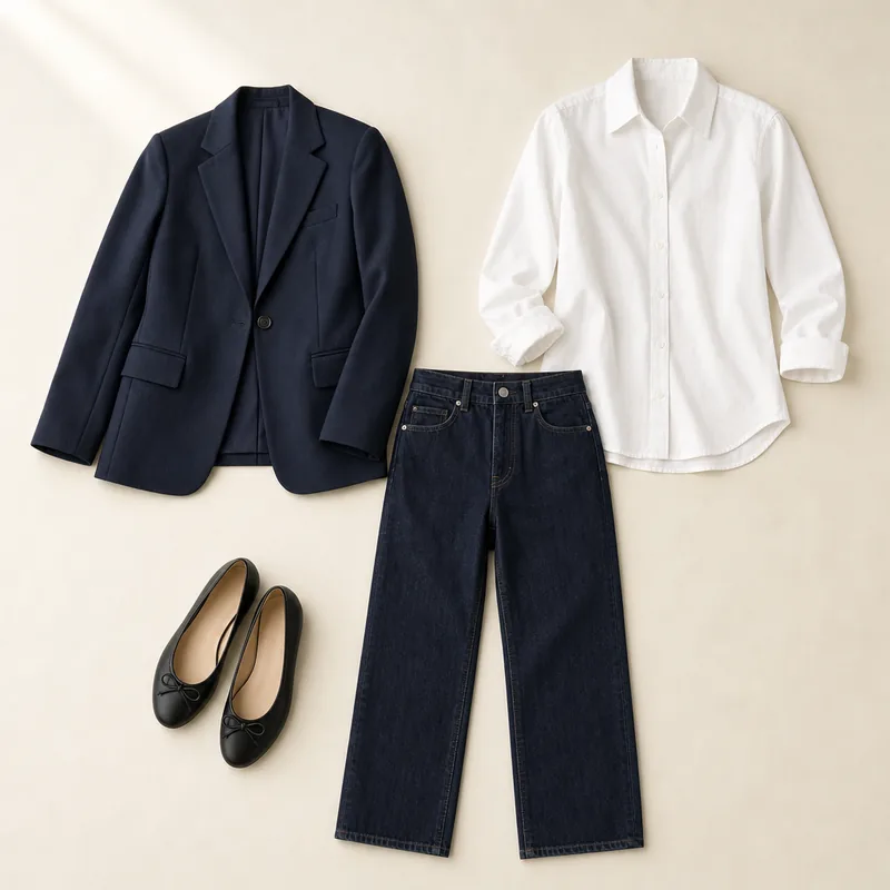 Navy blazer, white button-down shirt, dark straight-leg jeans and black ballet flats