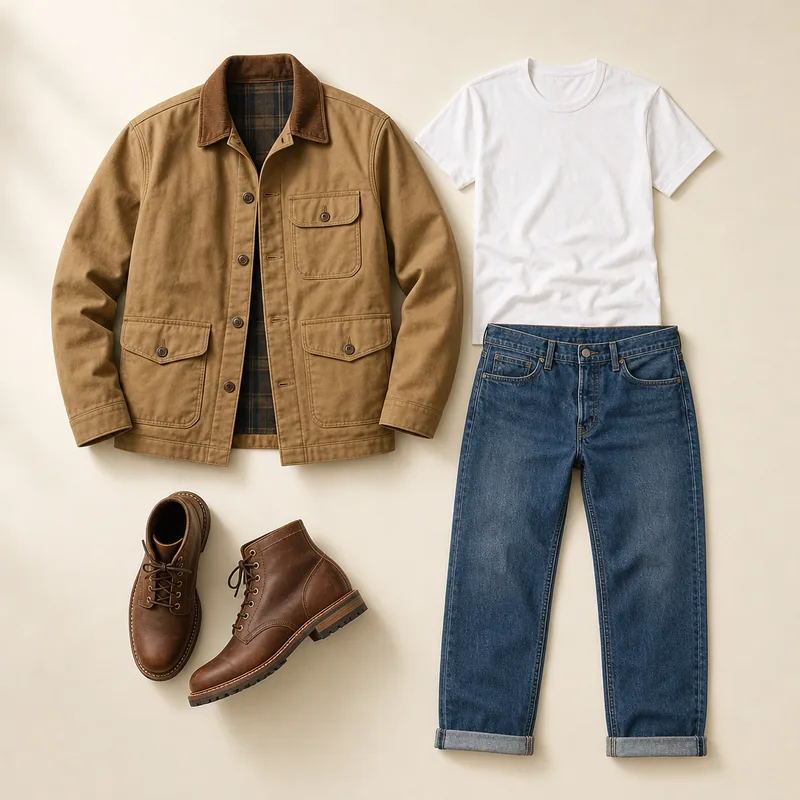 Tan barn jacket with a corduroy collar, white t-shirt, mid-wash jeans and brown leather lace-up boots