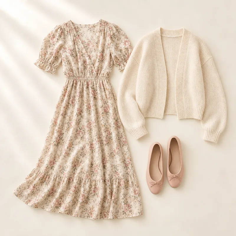 Floral midi dress with puff sleeves, cream knit cardigan and blush ballet flats